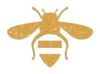 Stylized bee illustration in gold.