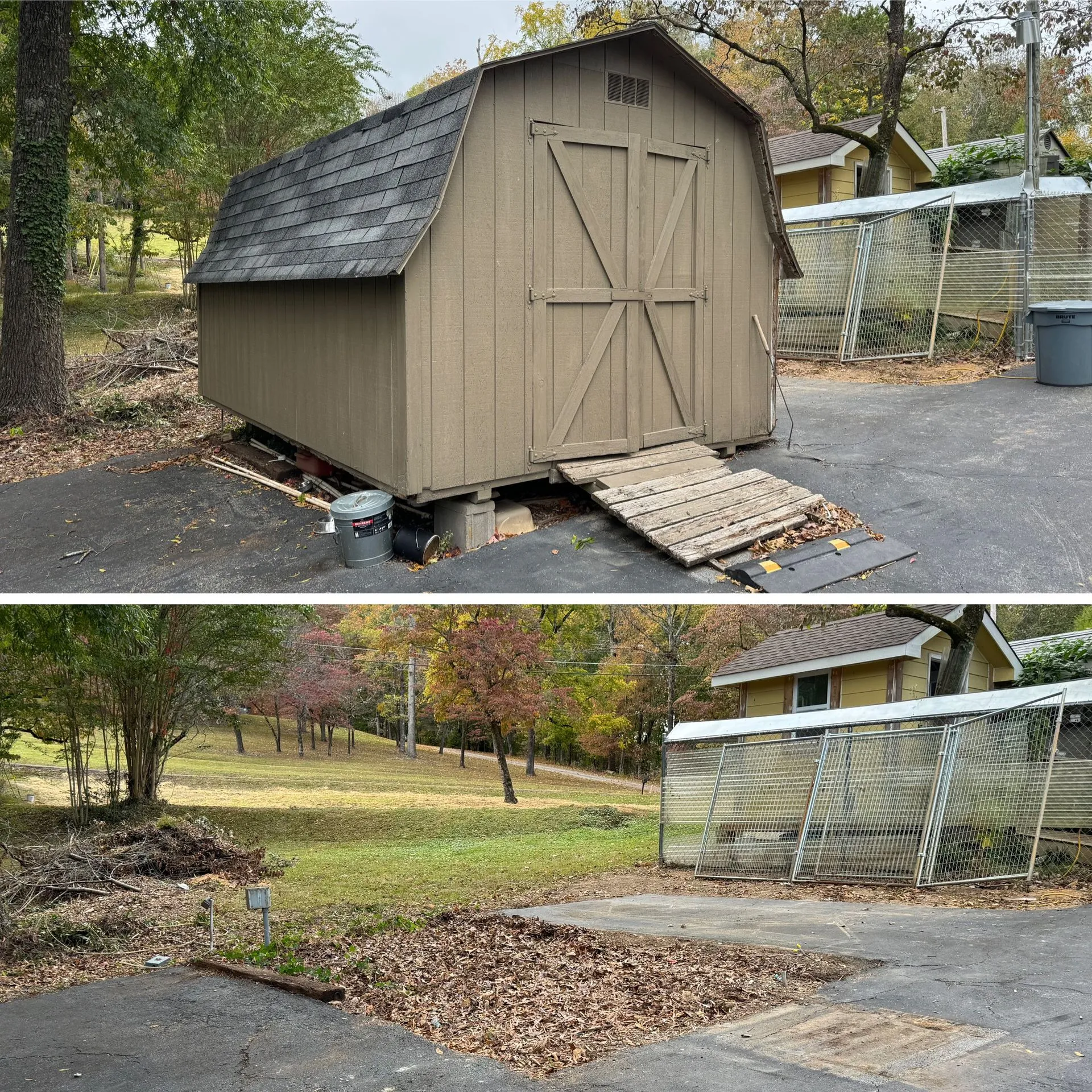 Shed removal, cleared area, autumn leaves.
