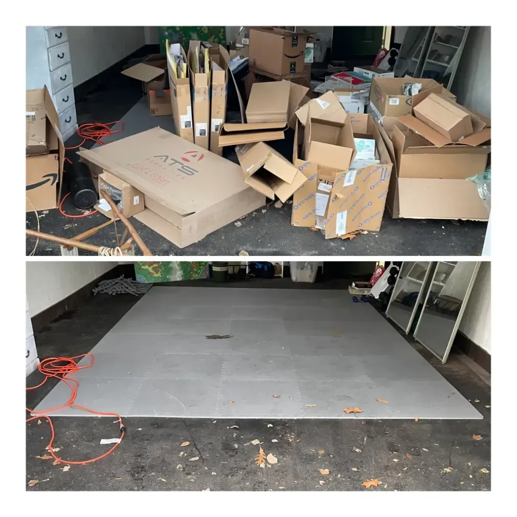 Cluttered garage transformed to clean space.